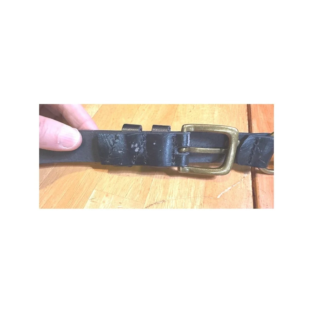 Vintage Black‎ Leather O-Ring Grommet Belt Antique Brass V Logo Grunge Moto